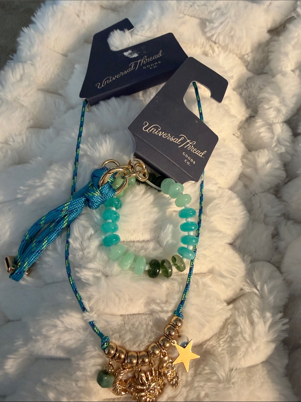 Universal Thread Aqua & Emerald Beaded Bracelet Set with Gold Charms